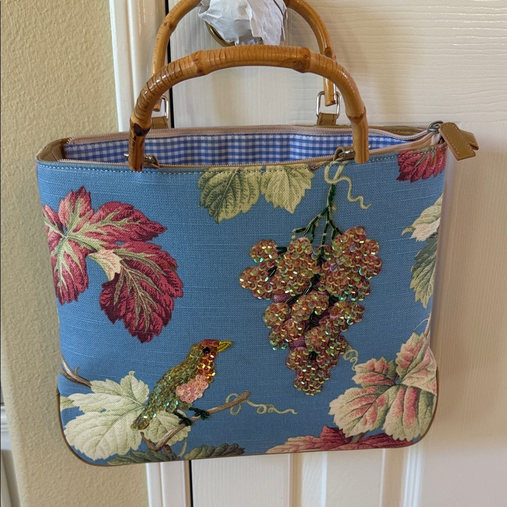 Vintage Blue tapestry Tote with bling sequins Bird Design bamboo handles